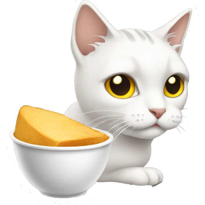 Gato blanco con gris y ojos amarillos comiendo pollo emoji