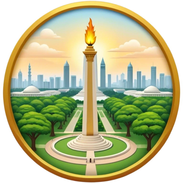 Cinematic Realistic Monas Landmark Emoji, showcasing the National Monument in Jakarta, a towering obelisk with a golden flame, set within a lush park under a clear, radiant sky. emoji