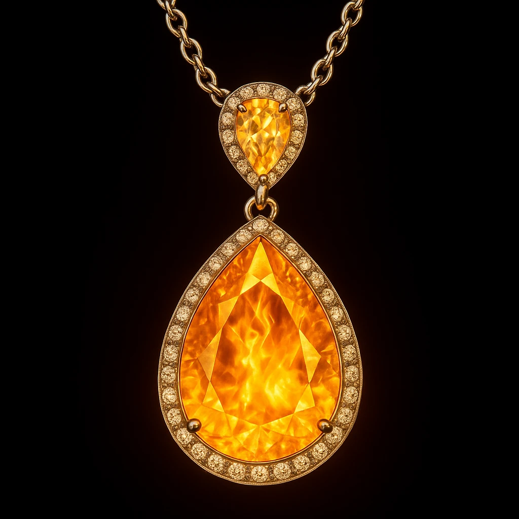 Add a yellow fiery light to the teardrop ruby pendant, representing transformation and rebirth emoji