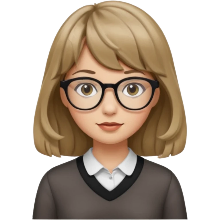 Uma garota de cabelo ondulado loiro escuro,mas com franja lisa e olhos pretos,usa óculos e a cor de pele branca,e o cabelo na cintura emoji