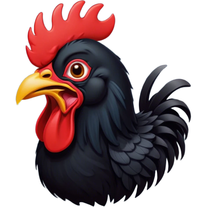Cinematic Cute Yawning Black Rooster Portrait Emoji, Head tilted slightly with a dramatic, wide-open yawn, showcasing a soft, downy black plumage with a crisp red comb and drooping wings, round eyes barely open in drowsy contentment, Simplified yet irresistibly adorable features, highly detailed, glowing with a soft, cozy glow, high shine, relaxed yet expressive, stylized with a touch of whimsy, bright and endearing, soft glowing outline, capturing the essence of a sleepy yet affectionate rooster, so drowsy it feels like it could stretch out of the screen and curl up for a nap! emoji