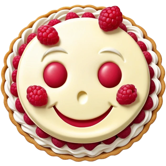 Raspberry cream pie with fresh raspberries on top in the shape of a smiley face emoji