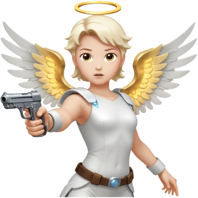 Angel dual-wielding pistols, shooting, dynamic action pose, glowing wings, no background














 emoji