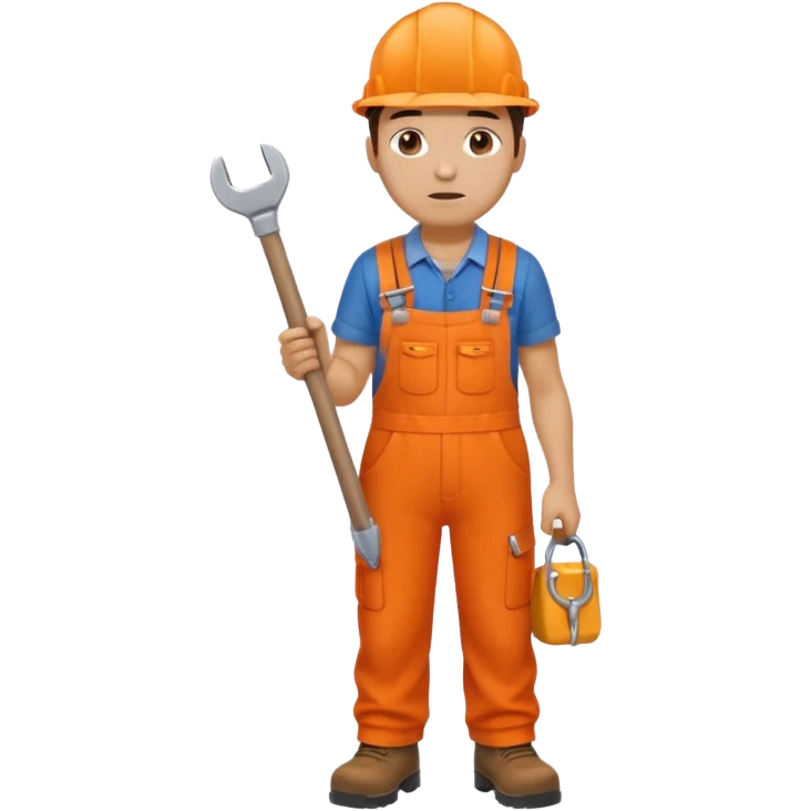 railway engineer, looking tired in orange overalls, boots, holding a spanner emoji