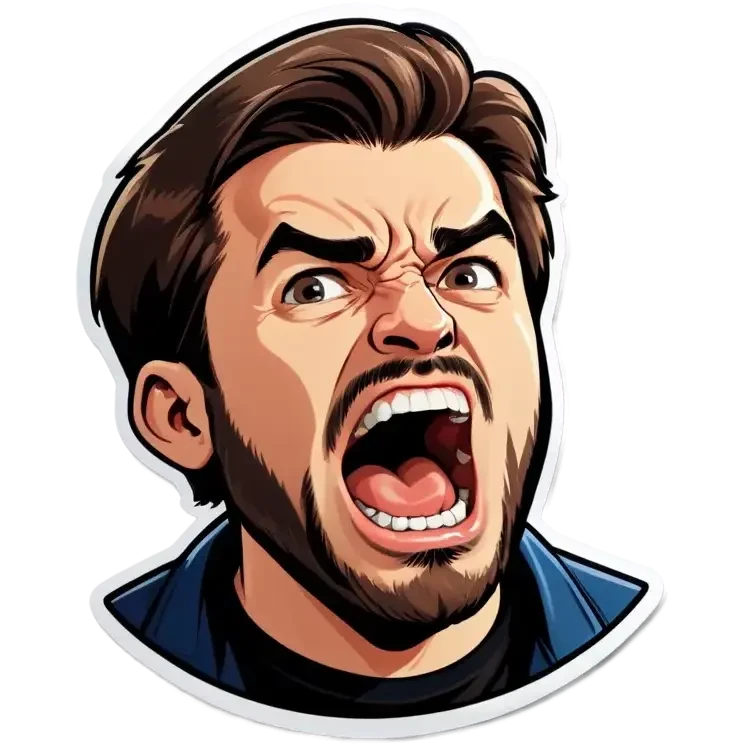 Do a picture of a man with short brown hair and ahort beard yelling emoji