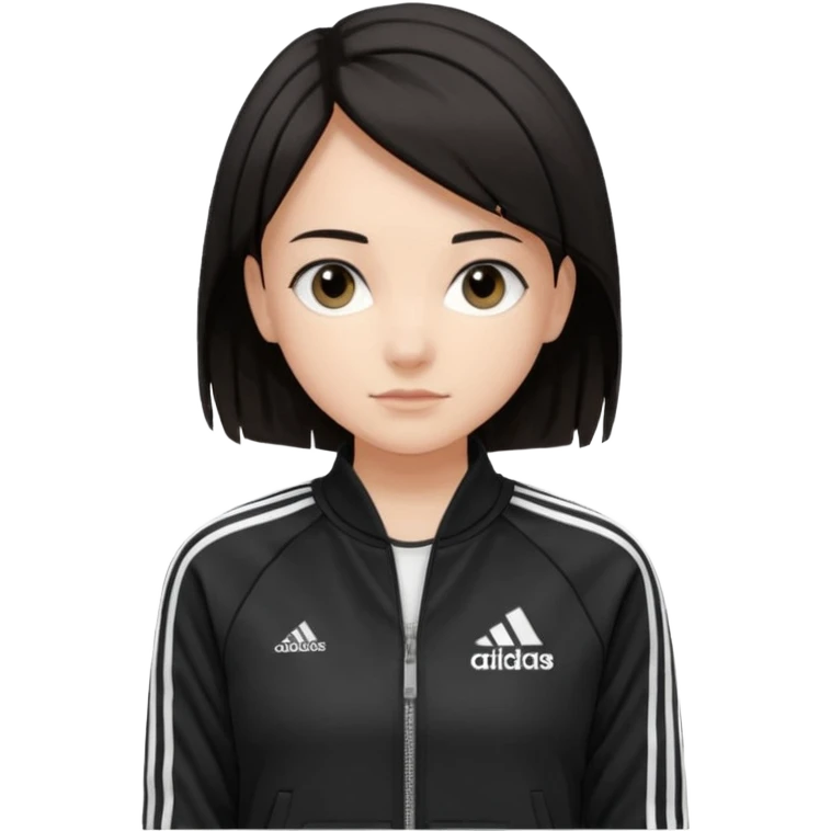 A girl with  medium length, dark hair, fair skin. The style is a soft, layered cut that falls around her shoulders. wore black Adidas track jacket with white stripes on the sleeves. It has a full zipper down the front, a stand-up collar, and the Adidas logo on the right chest emoji emoji