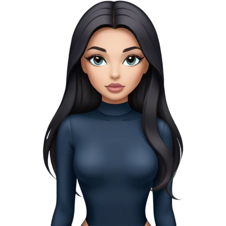 Glamours, tanned, very beautiful girl, with big pump peach-beige-rose lips, long long lashes, black straight smooth silky long hair, straight parting hair, blue-grey eyes in black long-sleeves bodysuit emoji