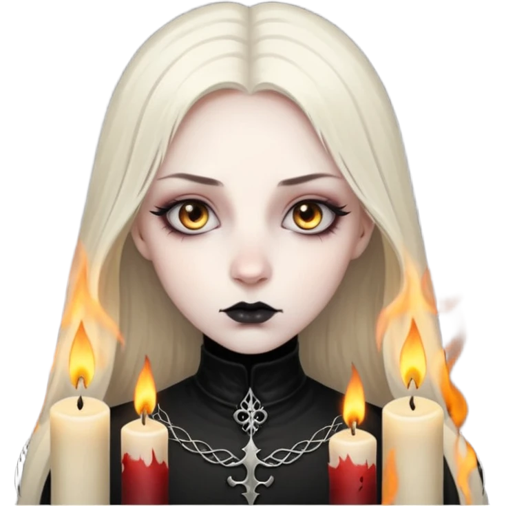 Pale woman with kohl-lined eyes staring through candle smoke, predatory calm, gothic fantasy mood emoji