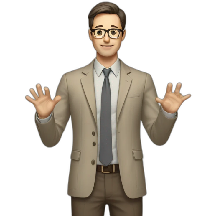 Full height Actively gesturing with hands Pale skinned fit man with dark brown hair in gray jacket, beige office shirt, brown tie, brown pants and vintage glasses. emoji