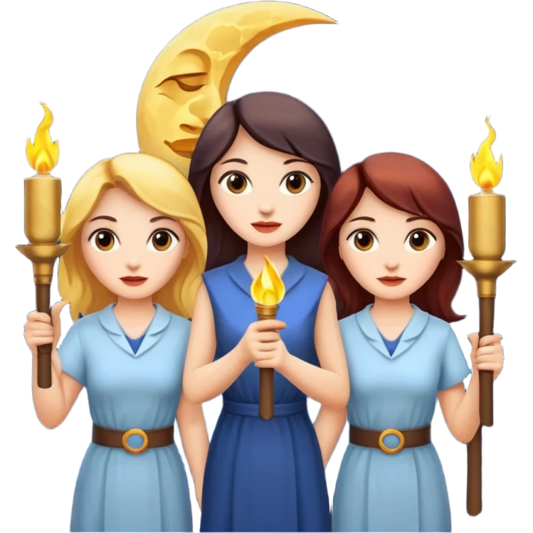 Three women with two torches and a moon emoji