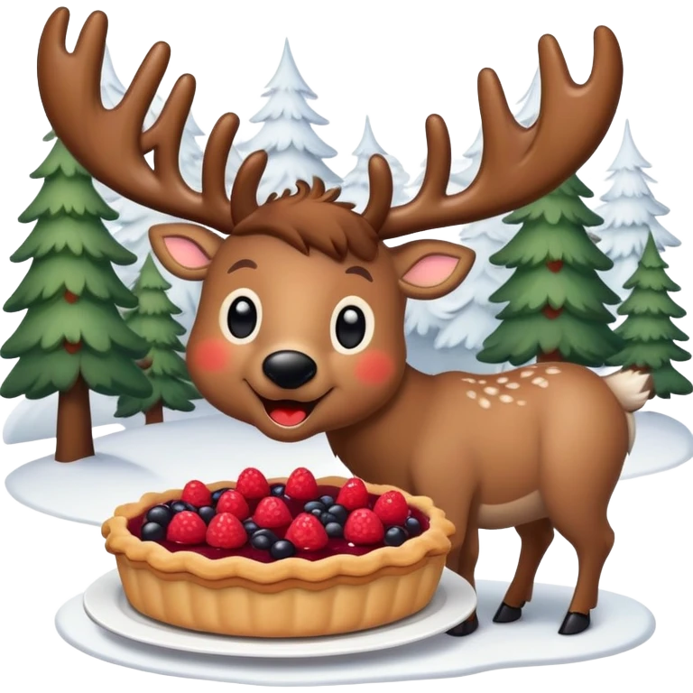 A cheerful reindeer with a fluffy coat and big antlers, happily munching on a slice of berry pie, surrounded by a snowy forest background, in a cute and simple emoji style. emoji