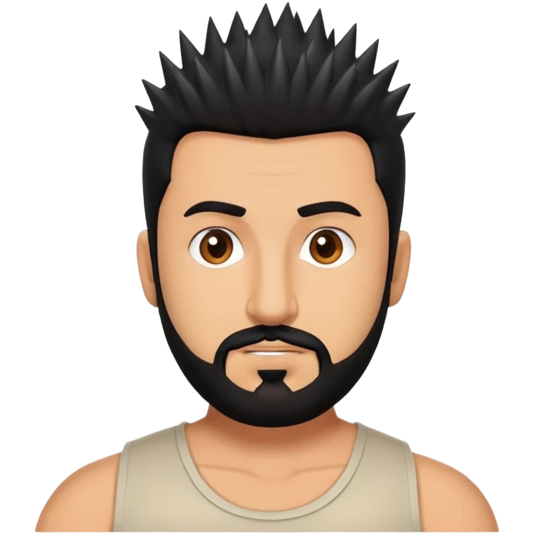 A man with a spiky haircut and black hair. A black beard like a zohan. Brown eyes, a slightly chubby build. emoji