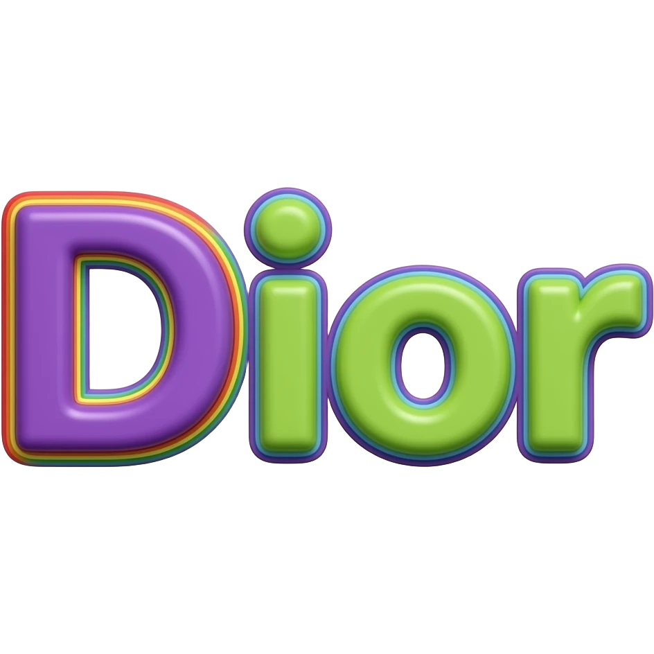 name "Dior" in purple and lime green 3D style typography lettering, each color of the rainbow as a border outlined around each letter, isolated, 3d rendering, no emoji icons no emoji faces and must have no human figures emoji