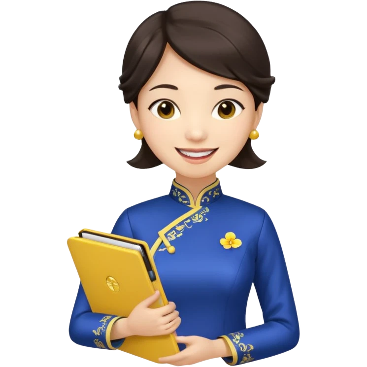 Teacher emoji but : european volume dark brown hair, light skin, no glasses, dark eyes, with a computer folder in the hand (color is yellow), being a teacher, wearing a chinese qipao ( dark blue), smile with teeth





 emoji