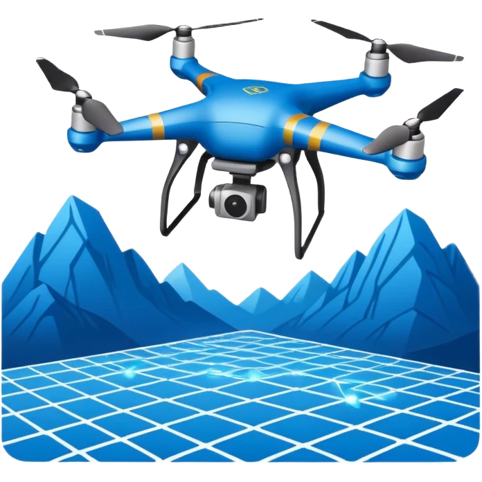Mapping drone sticker, quadcopter scanning land with laser grid effect, modern tech style, blue color theme, flat vector illustration, white outline, transparent background emoji