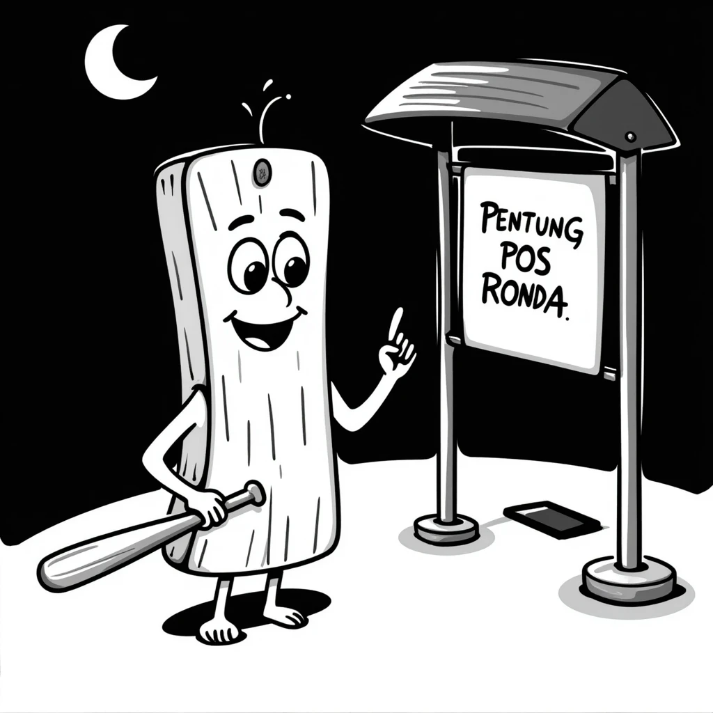 a humanoid wooden club with big cartoon eyes and a wide smile, barefoot, standing at a dark street bus stop under a dim streetlight, holding a bat, with a background sign reading 'Pentung Pos Ronda' emoji