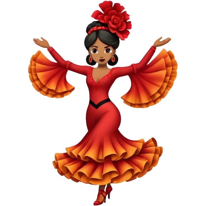 Cinematic Realistic Flamenco Dance Emoji, depicted as a passionate expressive flamenco performance with dramatic costumes and dynamic fiery movements, rendered with vibrant textures and bold energetic lighting that captures its intense rhythm. emoji