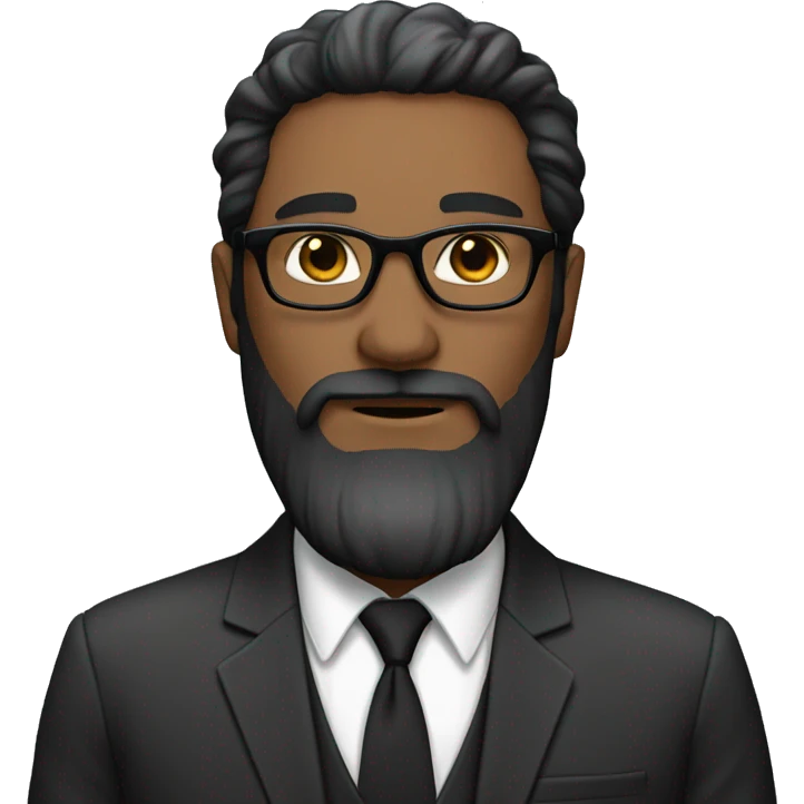 Man, white skin, short black hair, long beard, round glasses, suit emoji