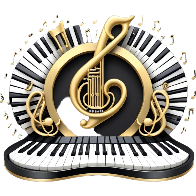 Create an elegant and festive emoji collage representing keyboard instruments, styled like a heraldic emblem. The design should feature a central focal point of black and white piano keys, arranged in a semi-circular or shield-like shape. Around the piano keys, add intertwining musical notes that form flowing ribbons, creating a dynamic and celebratory atmosphere. The design should be professional, with polished silver and gold accents on the keys and notes, highlighting the luxury and sophistication of the instruments. Add subtle shading and lighting effects to give the design a refined, 3D appearance. The background should remain transparent, and the overall feel should evoke grandeur, artistry, and a sense of celebration. emoji