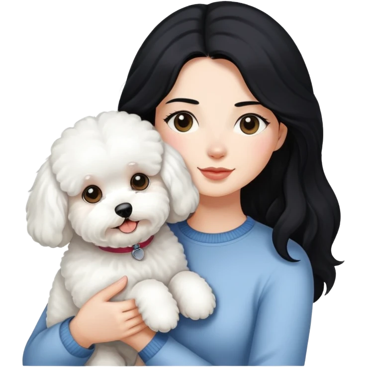 woman with long black hair holding white fluffy Bichon Frise dog emoji