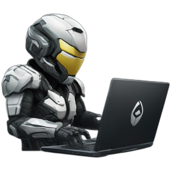 Side view developer behind his laptop with this style : Crytek Crysis Video game with nanosuit hacker themed character emoji