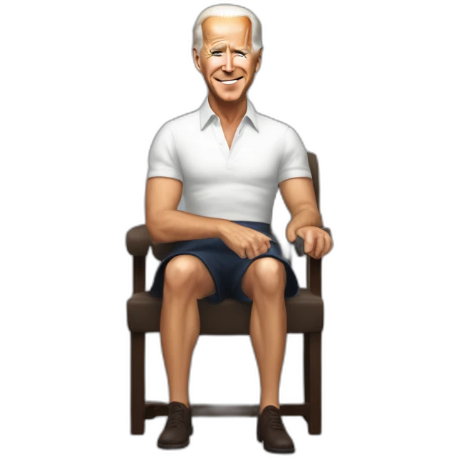 joe biden wearing a skirt and no shirt sitting acting out that scene from basic instinct sitting facing forward legs apart(full body, ios17) emoji