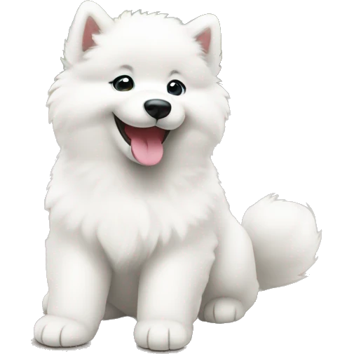 A Samoyed puppy with a wide smile, wagging its tail emoji