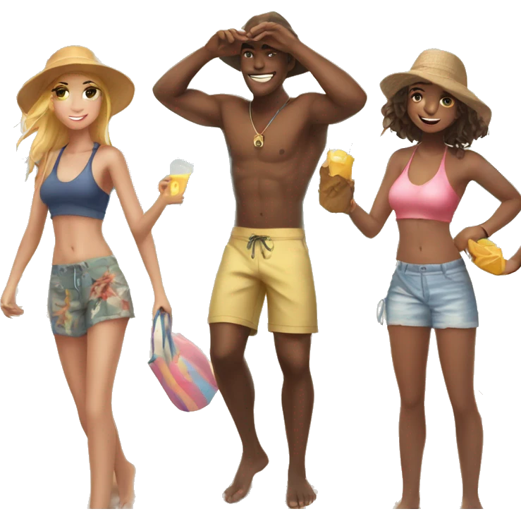 beach day with friends 4 girls anda guy with romantic beach actions emoji