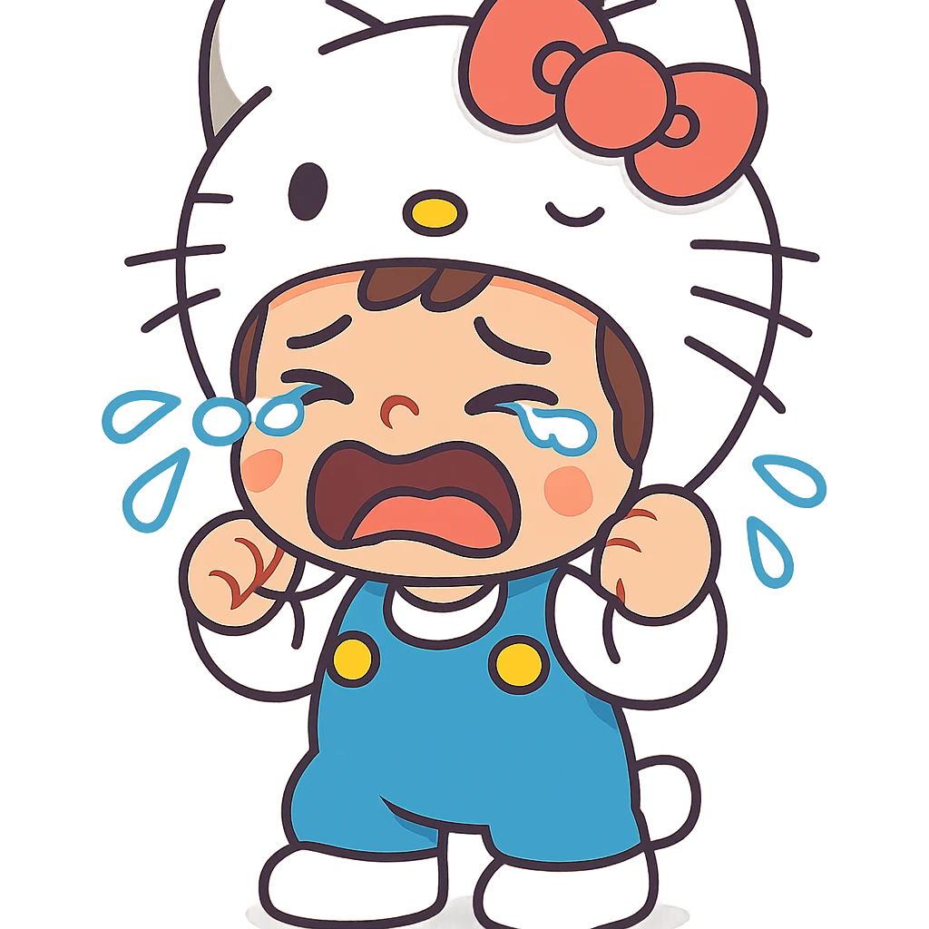 a crying boy in a Hello Kitty costume, detailed, expressive, cute, vibrant toon style, pastel colors emoji