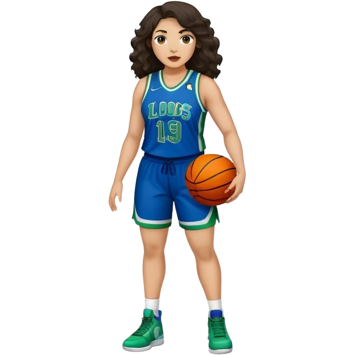 full body plus size light skin latino women basketball player with wavy dark hair large widenose wearing blue and green uniform emoji