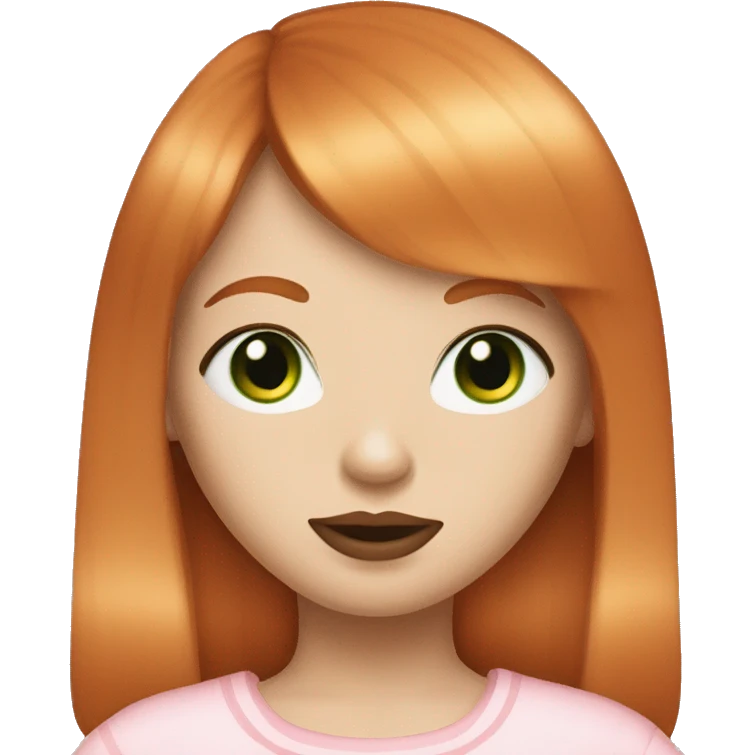 ginger girl, pale face, green eyes, pink lipstick, shoulde lenght straight hair with bangs emoji
