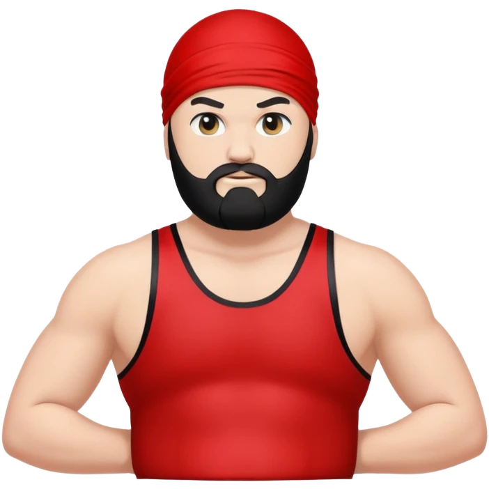 White skin fat guy with black durag, black beard, and black eyes in a red and black wrestling singlet emoji