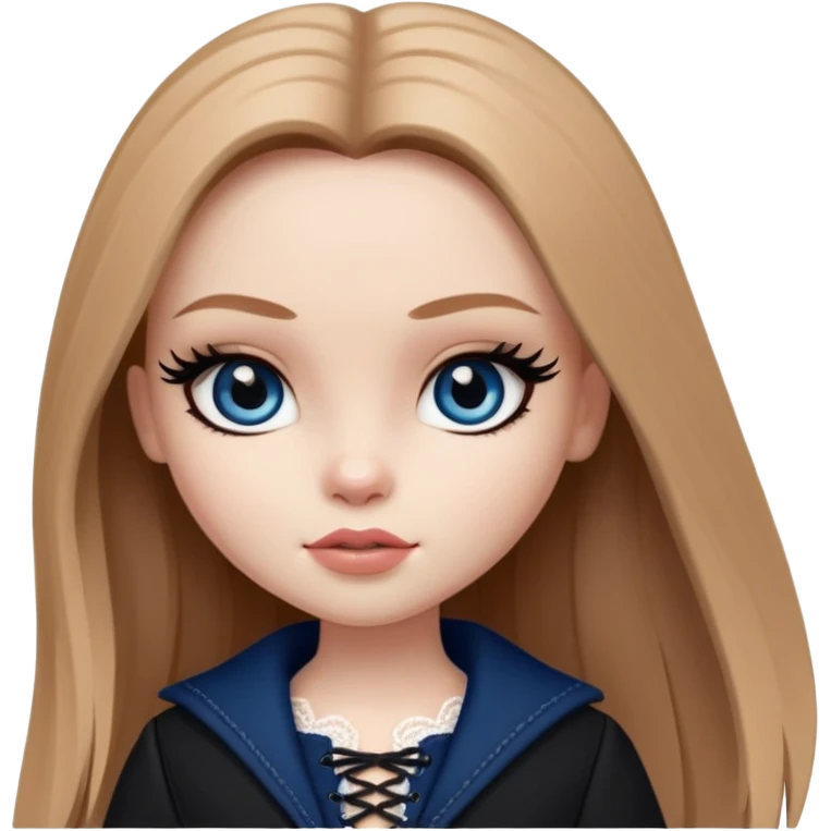 pretty bratz girl, long straight light brown hair, dark blue eyes, black eyeliner, pale skin, dark feminine clothes with laces emoji