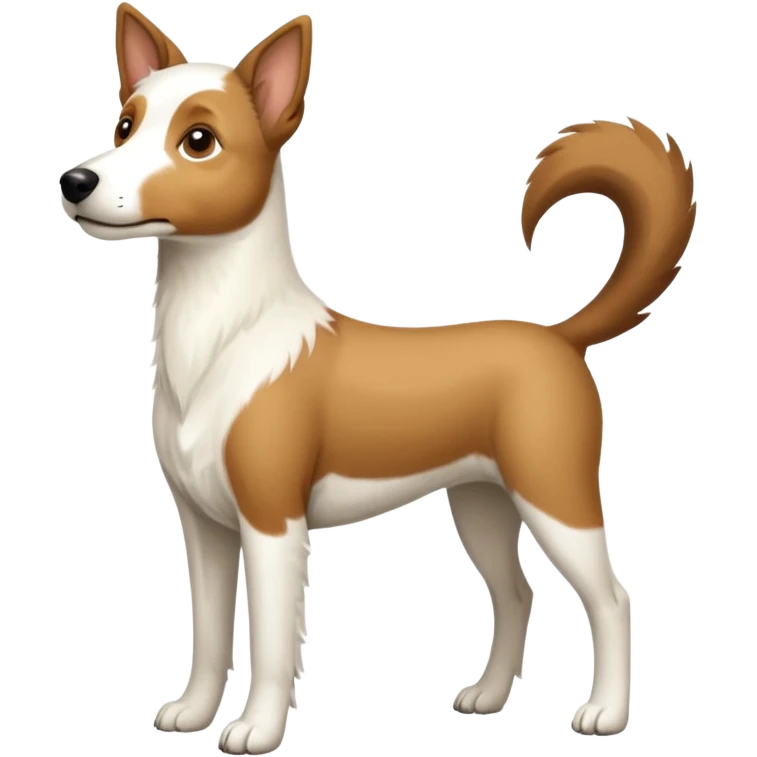a full body large white parson russell looking dog the size of a kelpie with light brown flapped down ears and a light brown patch on one eye and a large snout emoji