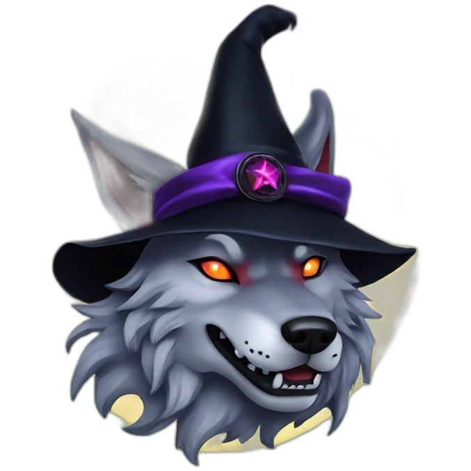 demonic wolf with a pentagram top hat and a pentagram chain with a haunting night background emoji