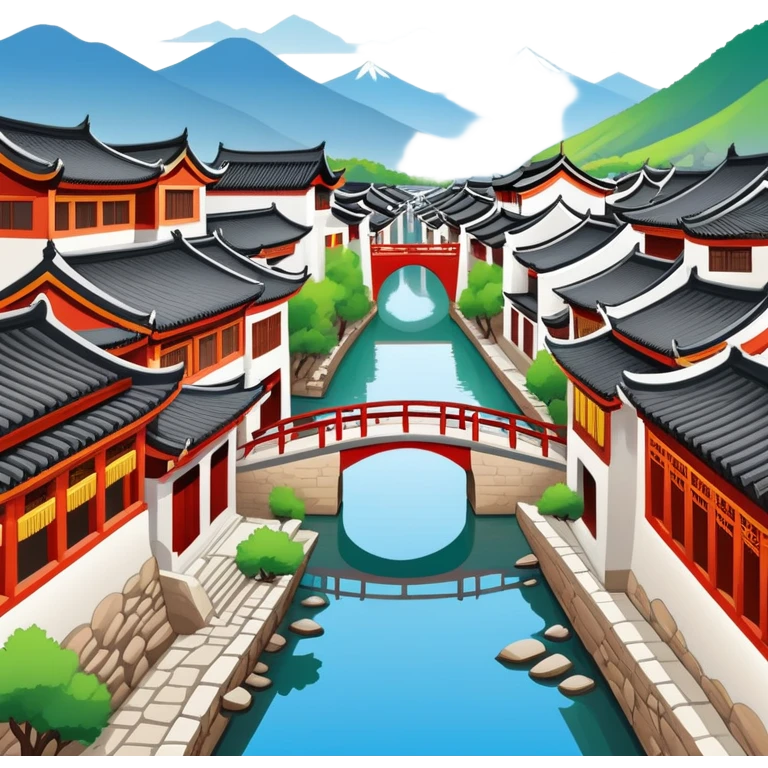 Lijiang Ancient Town Yunnan with canals and bridges, simplified emoji style with bold outlines and bright colors, cartoon style traditional Chinese old town emoji