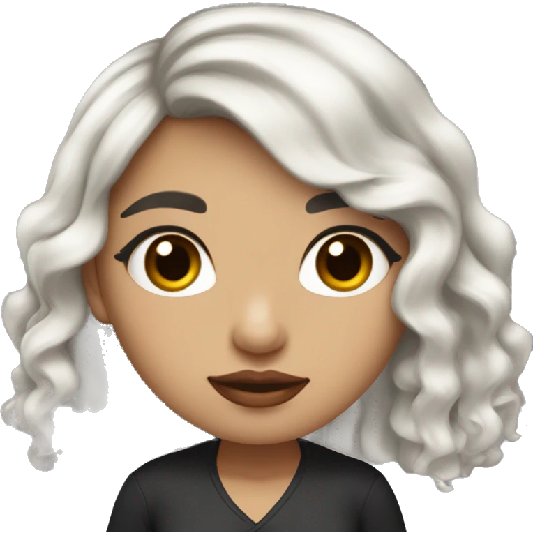 Girl with black curly hair with ice blonde balage with brown eyes and red lips with plack top and round cheeks but a bit of a slender face emoji