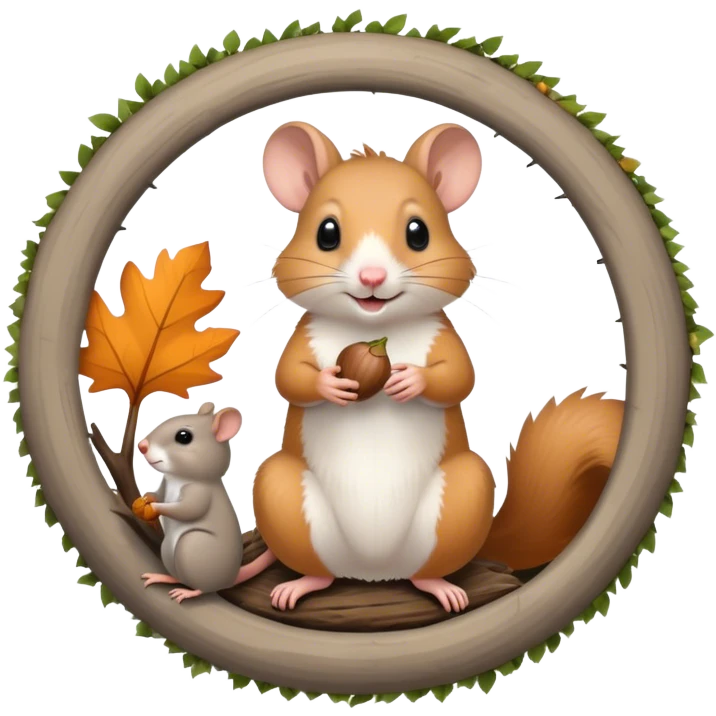Icon for Rodents: A vibrant collage featuring a playful hamster in a wheel, a fluffy gray mouse with large ears, and a cheeky squirrel holding an acorn. Background with scattered seeds and tree branches. Transparent background. emoji