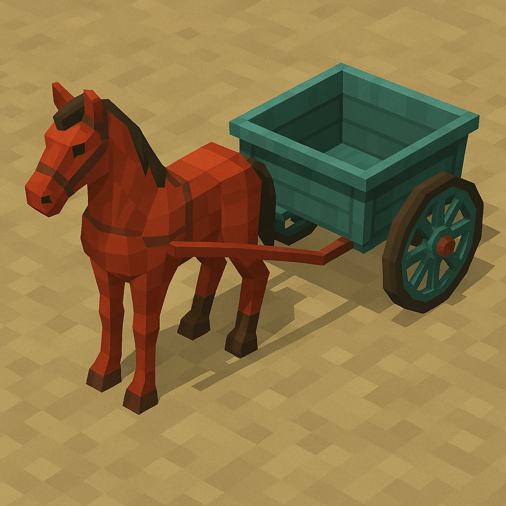 Isometric horse and cart with color variation: red and teal, keep original style low poly 3d. emoji