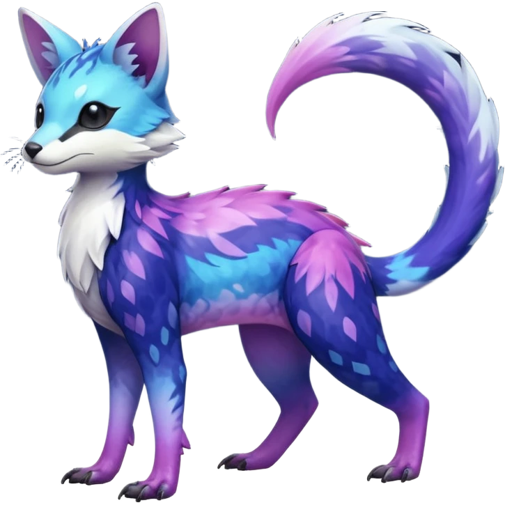  Hyper-realistic Shiny iridescent glossy oily smooth silky soft White with indigo-Violet-purple-pinkish-gradient markings beautiful handsome gorgeous aesthetic colorful vibrant Vernid-Trico-species-Fakemon-creature by LiLaiRa, 4 legs, 1 tail, random markings, (full body) emoji
