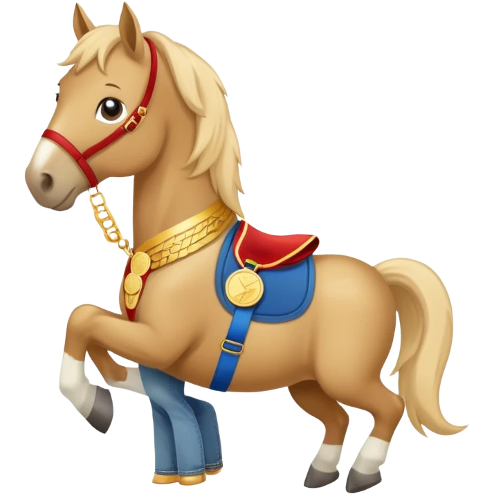 friendly anthropomorphised horse in jeans and a t-shirt, wearing a gold medal emoji