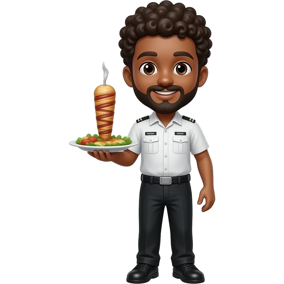 Un garçon bronze avec bouc et Moustache les cheveux bouclés serveur pas habiller en NOIR mais normal qui sert un kebab emoji