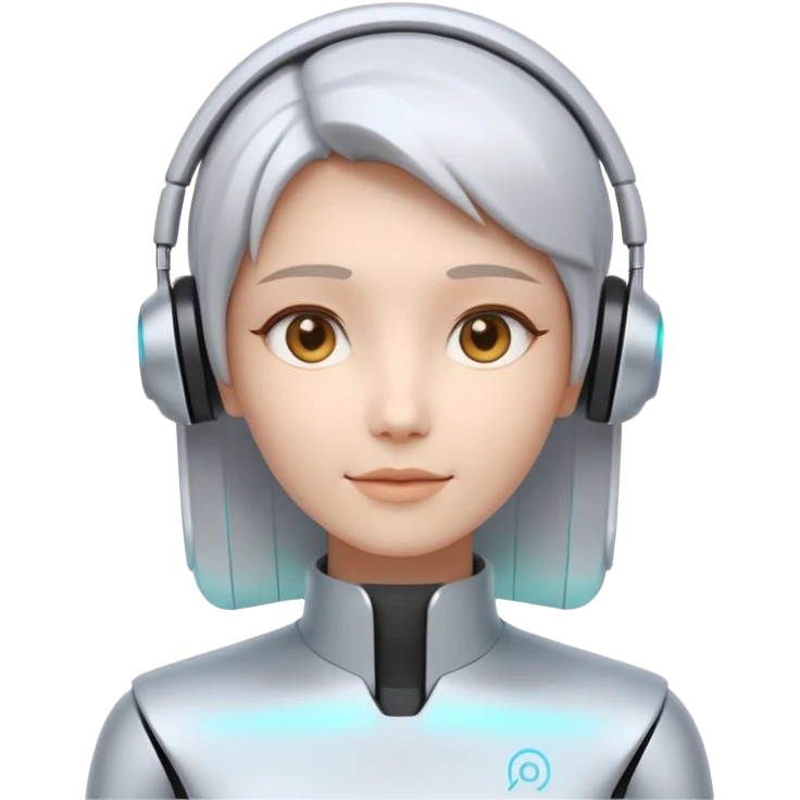 AI Pitch Agent holo-human-like Cyber AI face, warm, calm and friendly. Holographic look.Soft AI face with a listening, welcoming expression, minimal facial lines, calm eyes. Minimalistic presentation screen. emoji