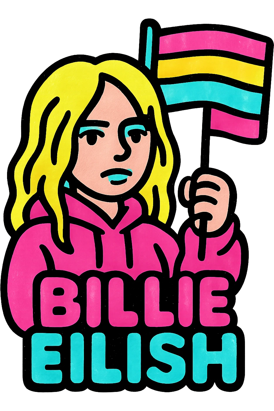 Billie Eilish holding a pride flag, vibrant colors, no text emoji