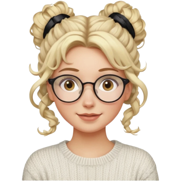 blonde hazel eyes woman with a white cable knit sweater and clear glasses on her head and a curly messy bun with tendrils of hair flowing down her face and she is happy pale, some freckles, blush. she has a cateye wing and long lashes emoji
