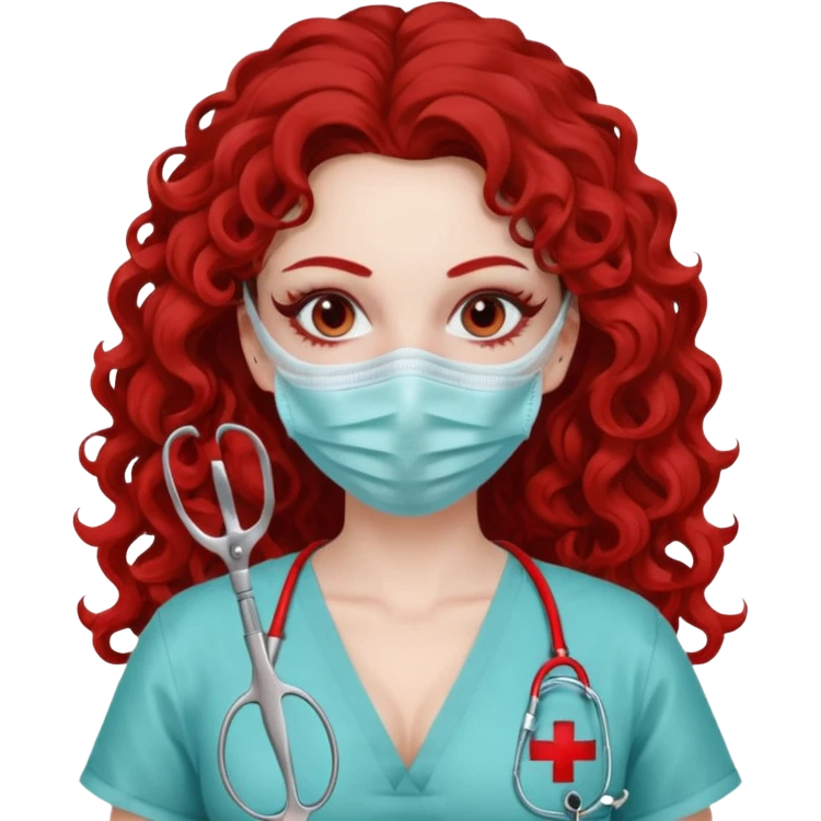 Lilith symbol seductress long curly hair evil surgeon.  brown hair. Red surgical mask.  covering. She works for cartel and kills  with a scalpel. Sexy surgeon outfit emoji