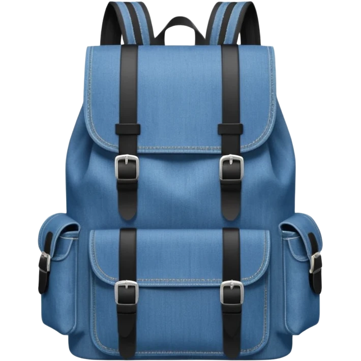An emoji-style blue denim backpack with a flap top. Two short black buckle straps are attached only at the top flap, not extending to the bottom. The front is clean with no pockets or extended straps. The backpack has two side pockets. 


 emoji