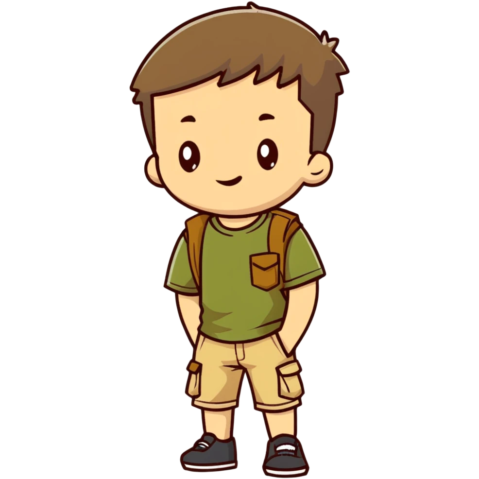 boy wearing an olive-green shirt over a brown T-shirt with beige cargo shorts emoji