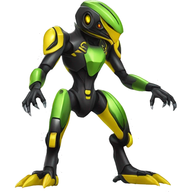a shiny black-yellow-green Genesect-Raptor-Fakémon—hybrid with a futuristic visor-helmet full body emoji
