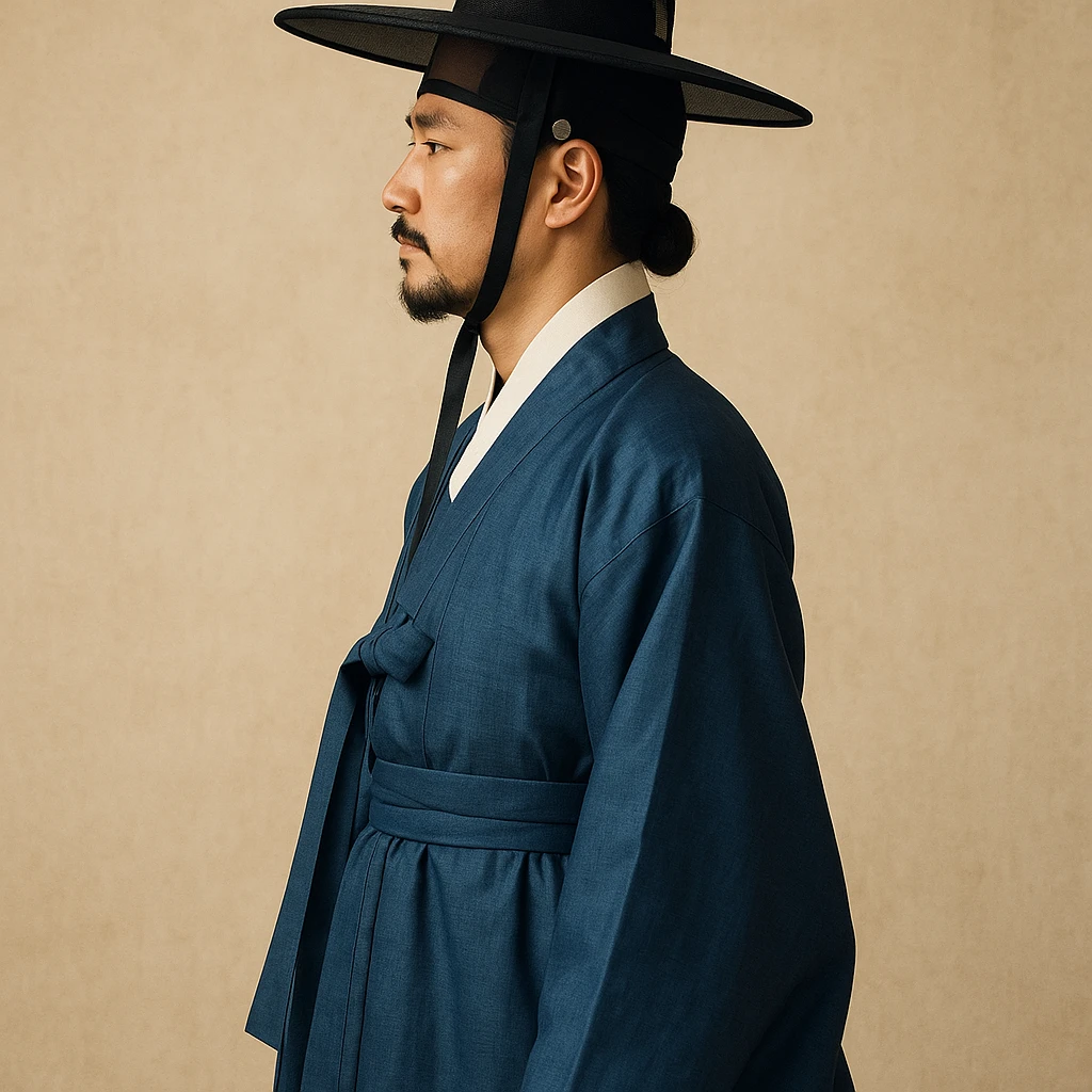 man in blue hanbok, side view, classic Korean attire emoji